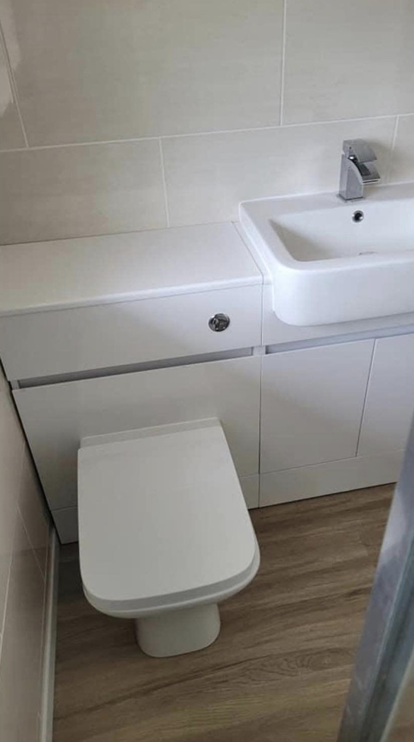 A white WC and basin combination unit on a wood-effect floor